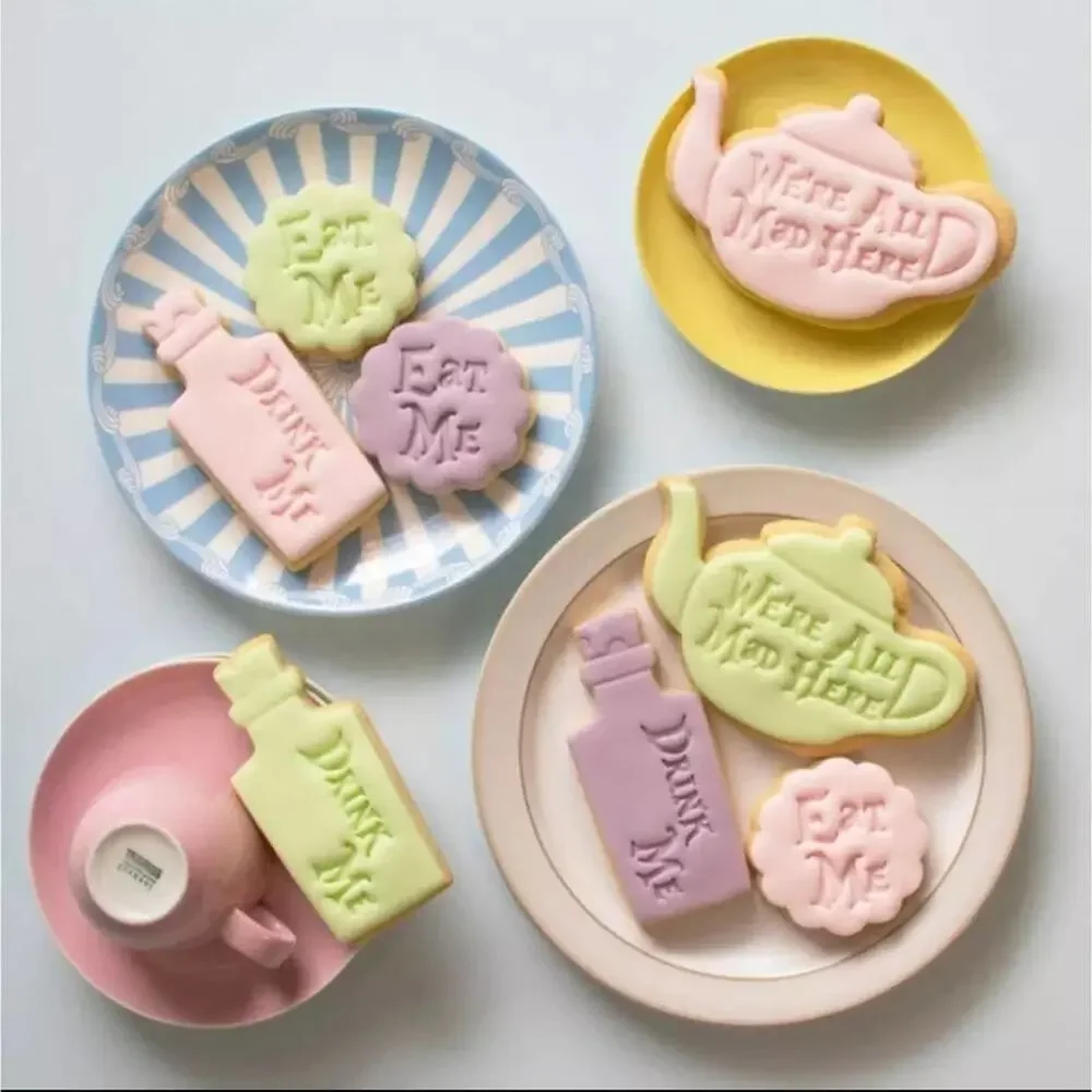 Alice in Wonderland cookie cutters Eat Me Drink Me We're All Mad Here 3 pieces